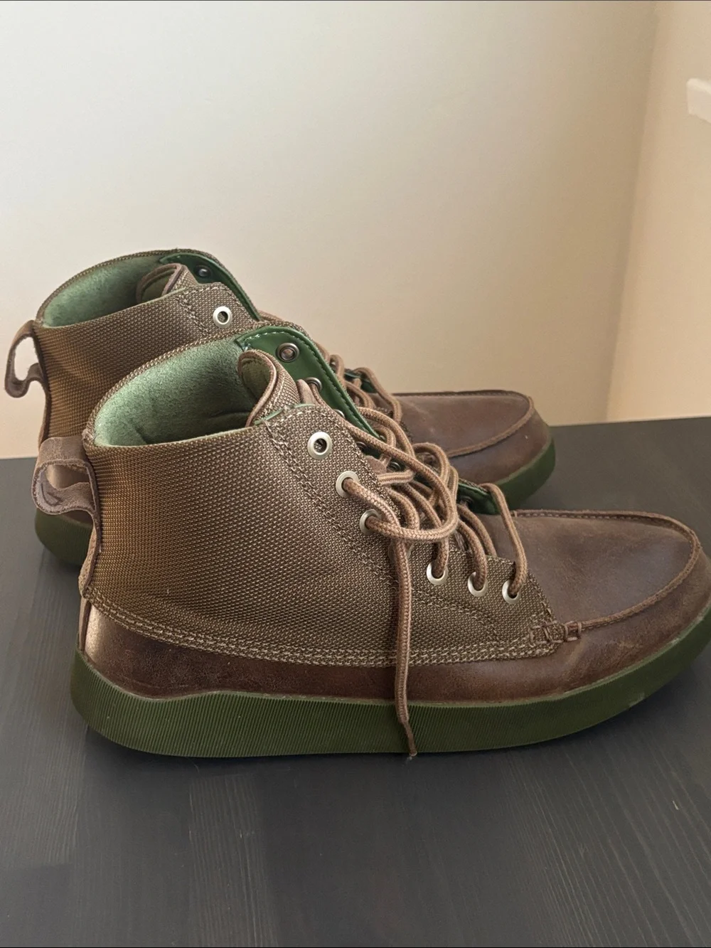 OluKai Men's Brown Leather Chukka Boots with Green Soles